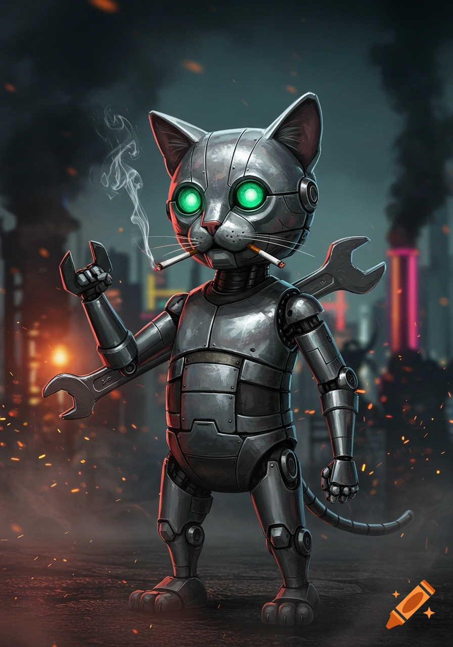A metallic robotic cat with glowing green eyes holds a wrench in one hand and smokes a cigarette, with an industrial background.
