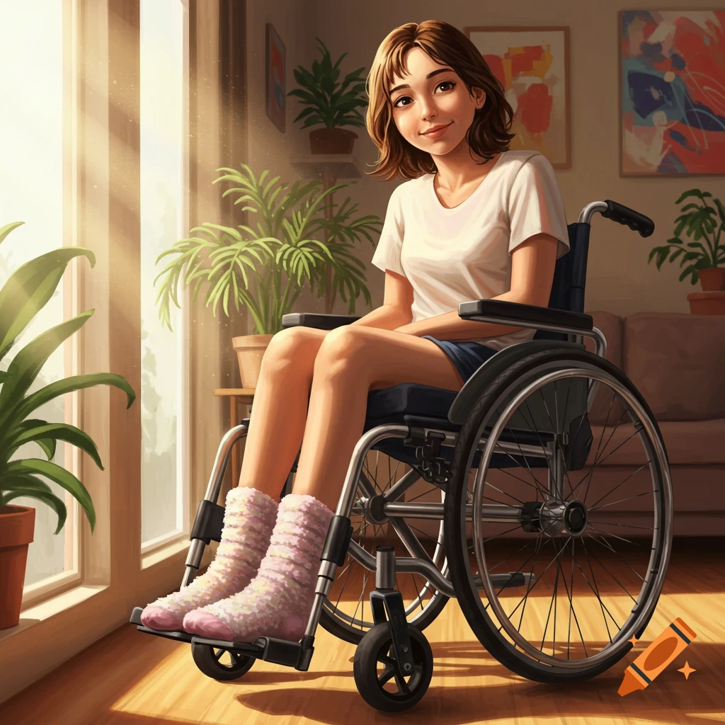 A young woman with brown hair smiles while sitting in a wheelchair indoors, wearing a white t-shirt, shorts, and fuzzy pink socks. Sunlight streams in from a large window.