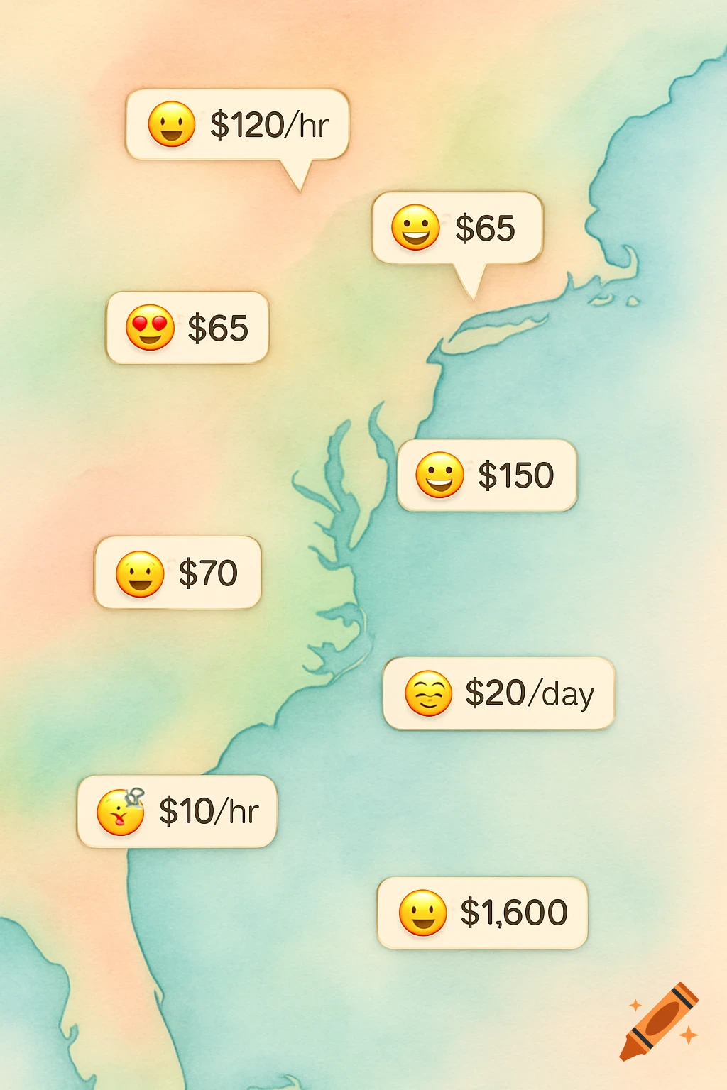 Watercolor map of the US East Coast with price pins containing emojis and monetary values.