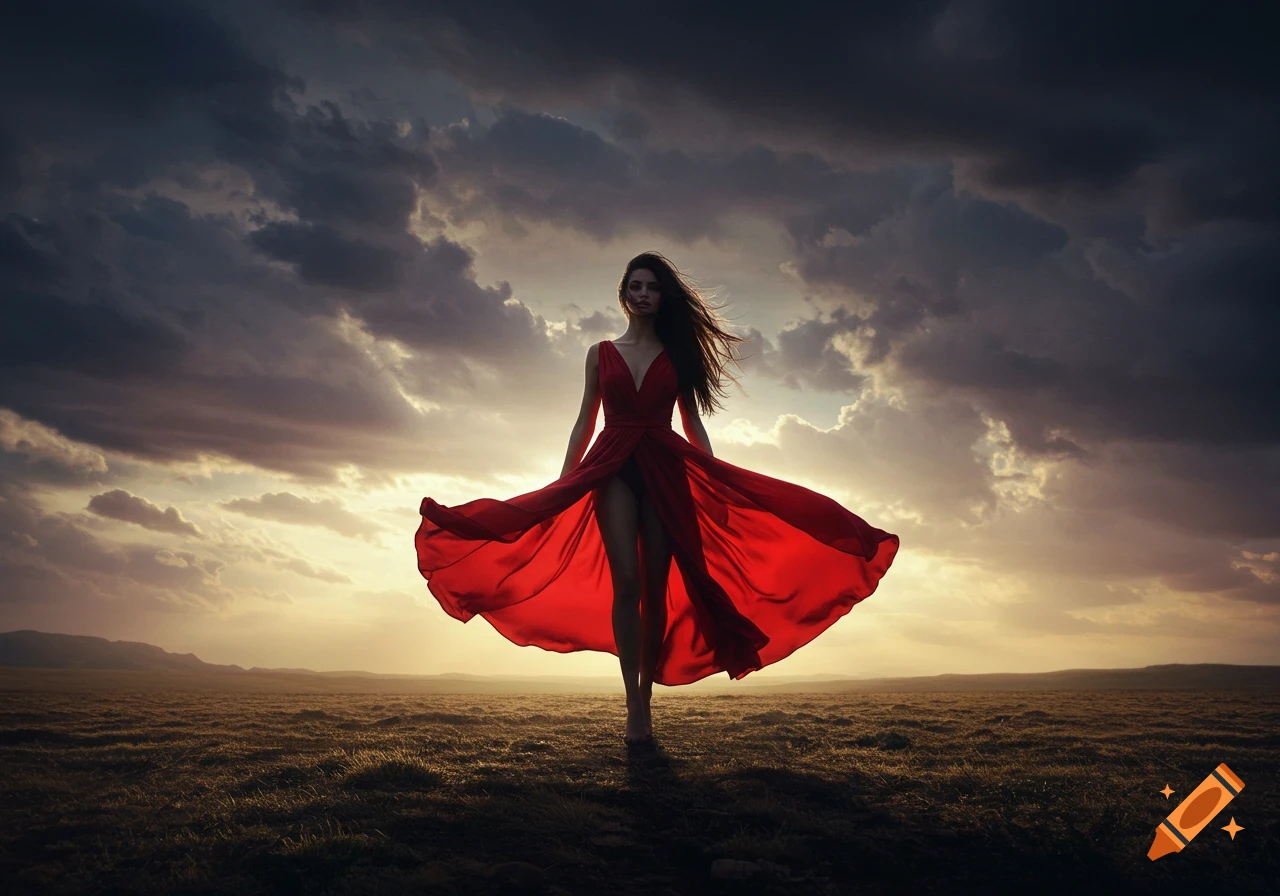 A photorealistic image of a tall woman in a flowing red dress walking across a vast landscape with a dramatic stormy sky and sunset.