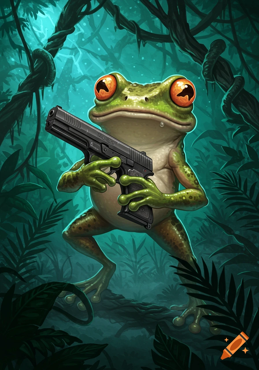 A cartoonish green frog with large orange eyes holds a black pistol in a vibrant, dark jungle setting.