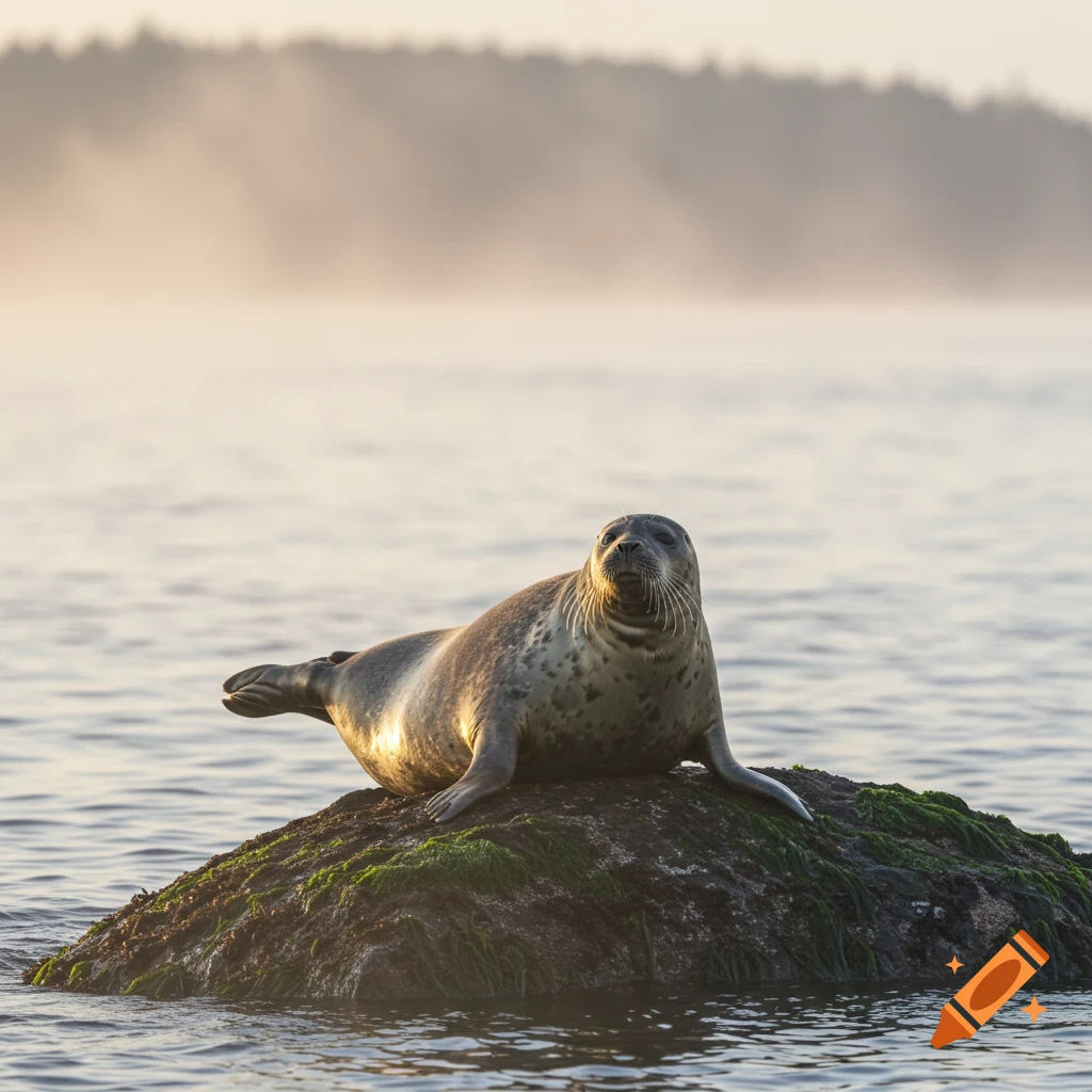 A photorealistic image of a harbor seal lying on a mossy rock in the water, with a misty forest in the background.