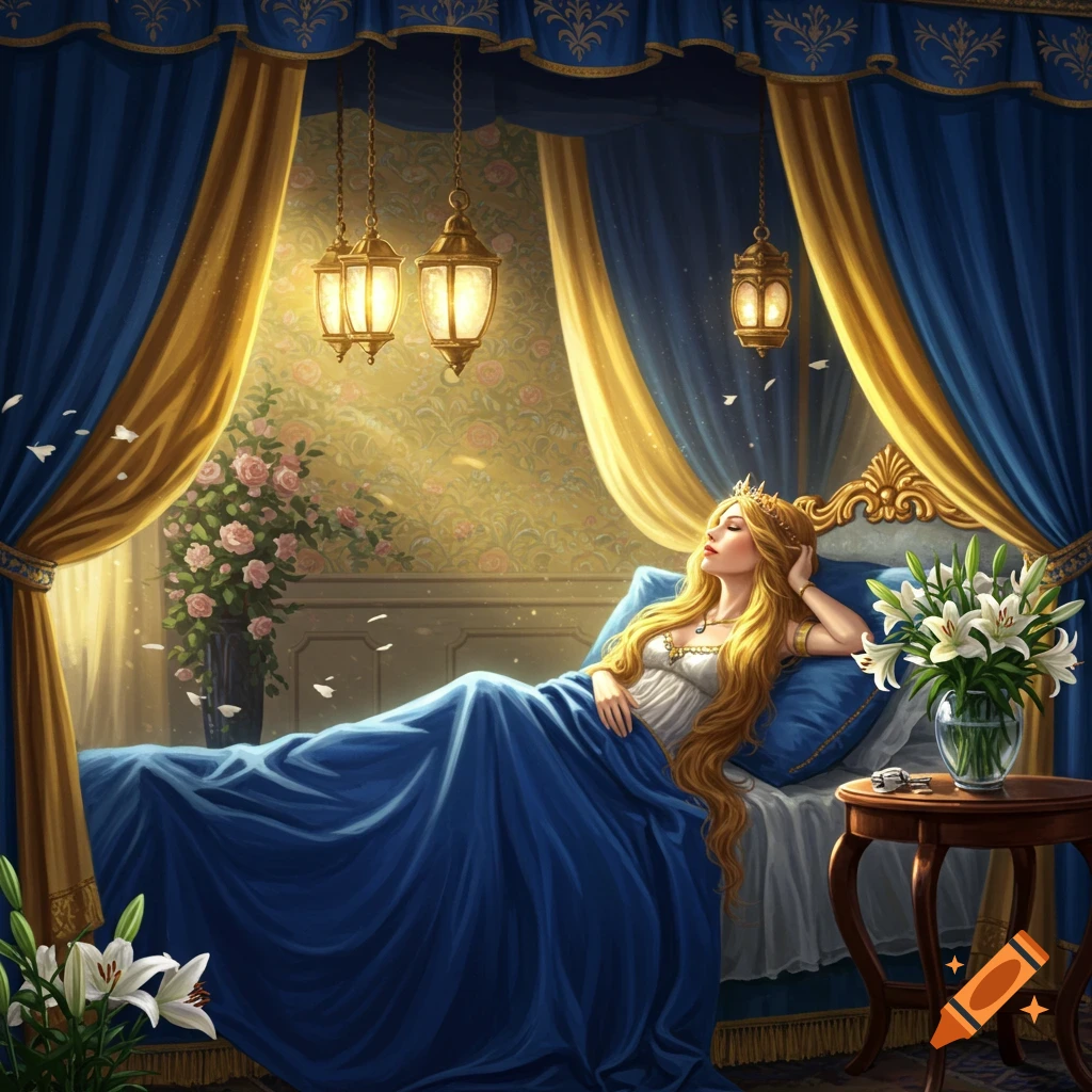 A blonde princess in a crown sleeps under a blue and gold canopy bed, bathed in warm light, with flowers nearby.