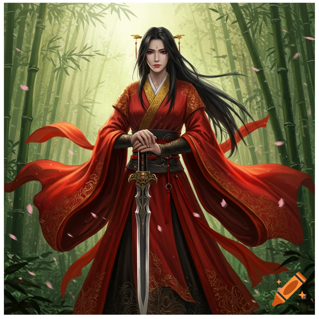 A black-haired Chinese warrior princess in red robes holds a sword in a bamboo forest.