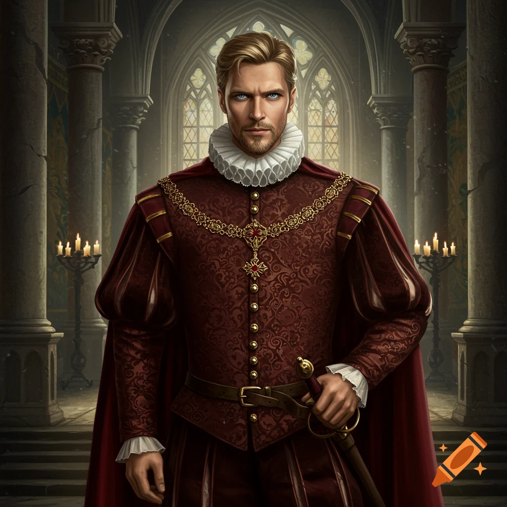 A man in Renaissance attire with a red doublet, white ruff, and gold chain stands in a grand hall with pillars and stained-glass windows.