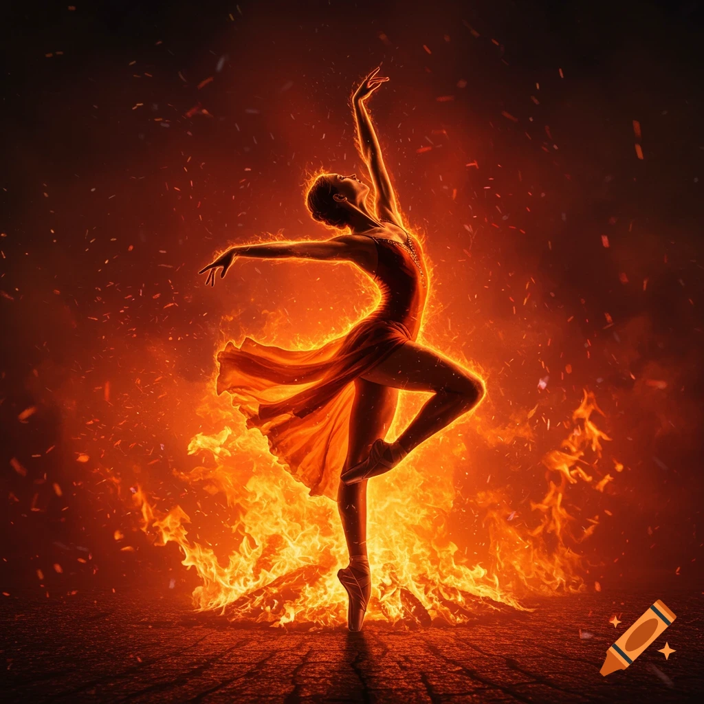 A ballet dancer on pointe shoes, bathed in fiery orange light, gracefully dances amidst flames and glowing embers.
