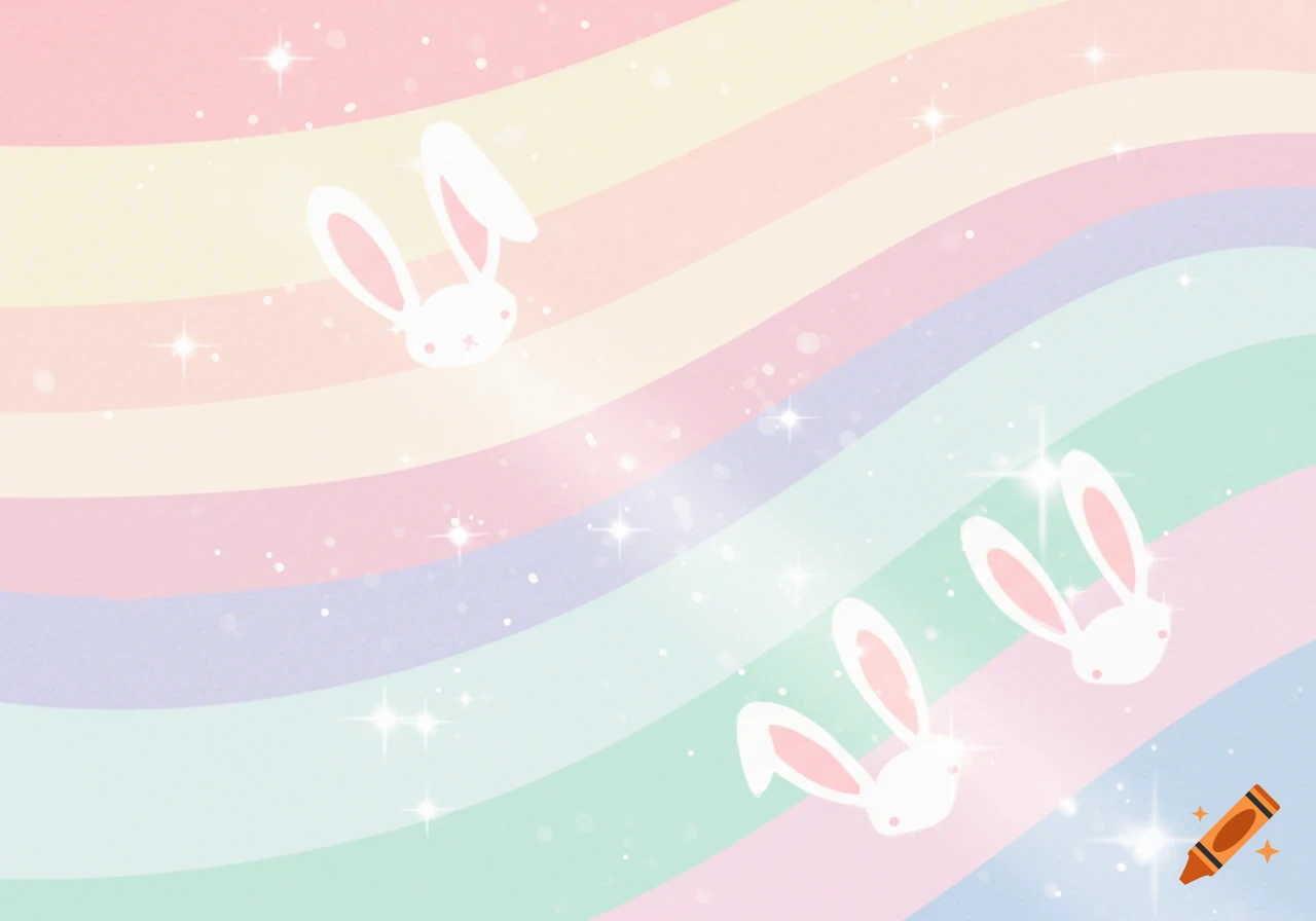 Pastel rainbow background with white bunny heads and sparkling dots.