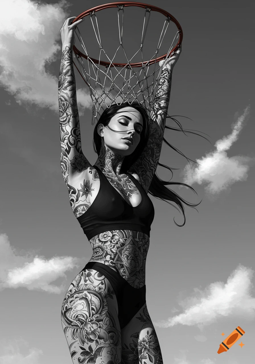 A heavily tattooed woman in a sports bra and underwear holds a basketball hoop overhead against a cloudy sky in black and white.