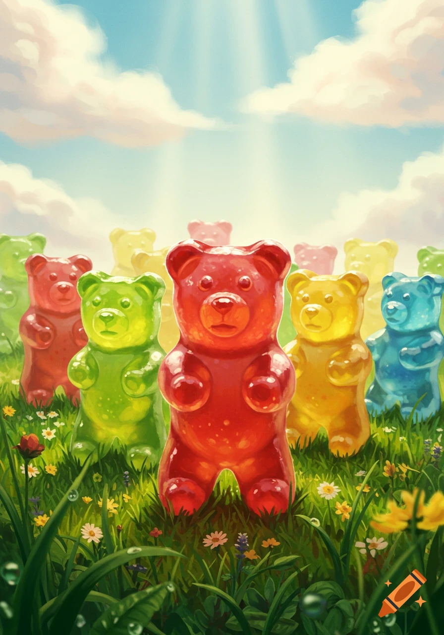Colorful gummy bears standing in a vibrant green field under a sunny sky with clouds.