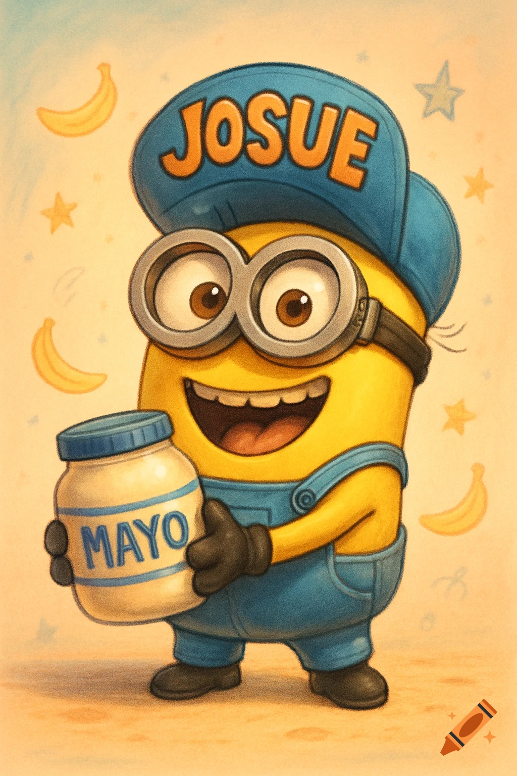 A happy Minion cartoon character wearing a blue cap that says JOSUE, holding a jar labeled MAYO, with bananas and stars in the background.