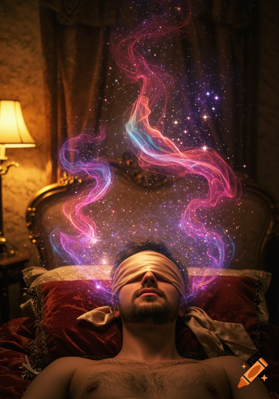 A man with a blindfold lies on a bed, colorful cosmic energy and stars emanating from his head. Photorealistic, dreamlike.