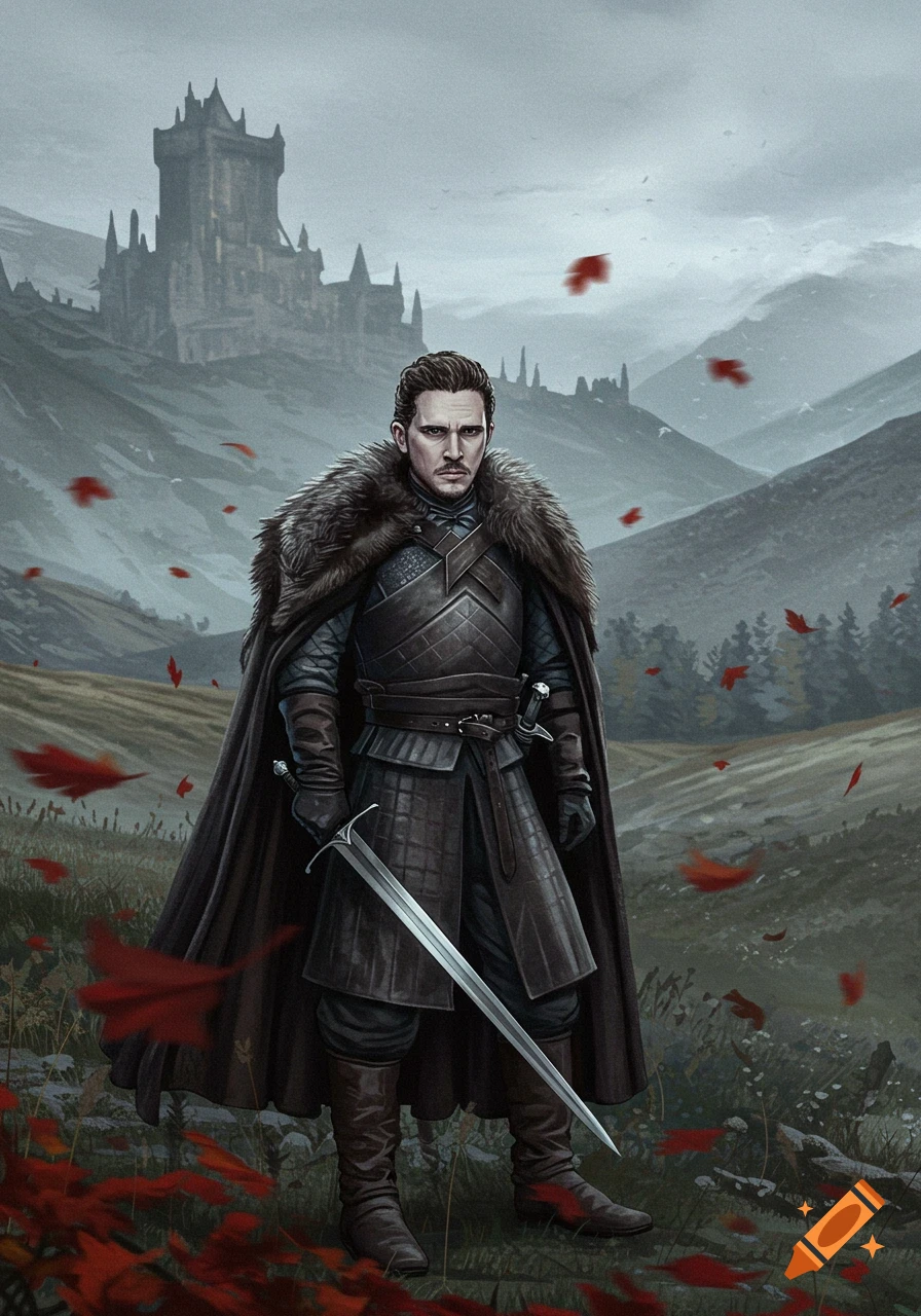 A brooding fantasy warrior, dressed in dark armor and fur cape, stands in a desolate, hilly landscape with a castle in the background and red leaves falling.