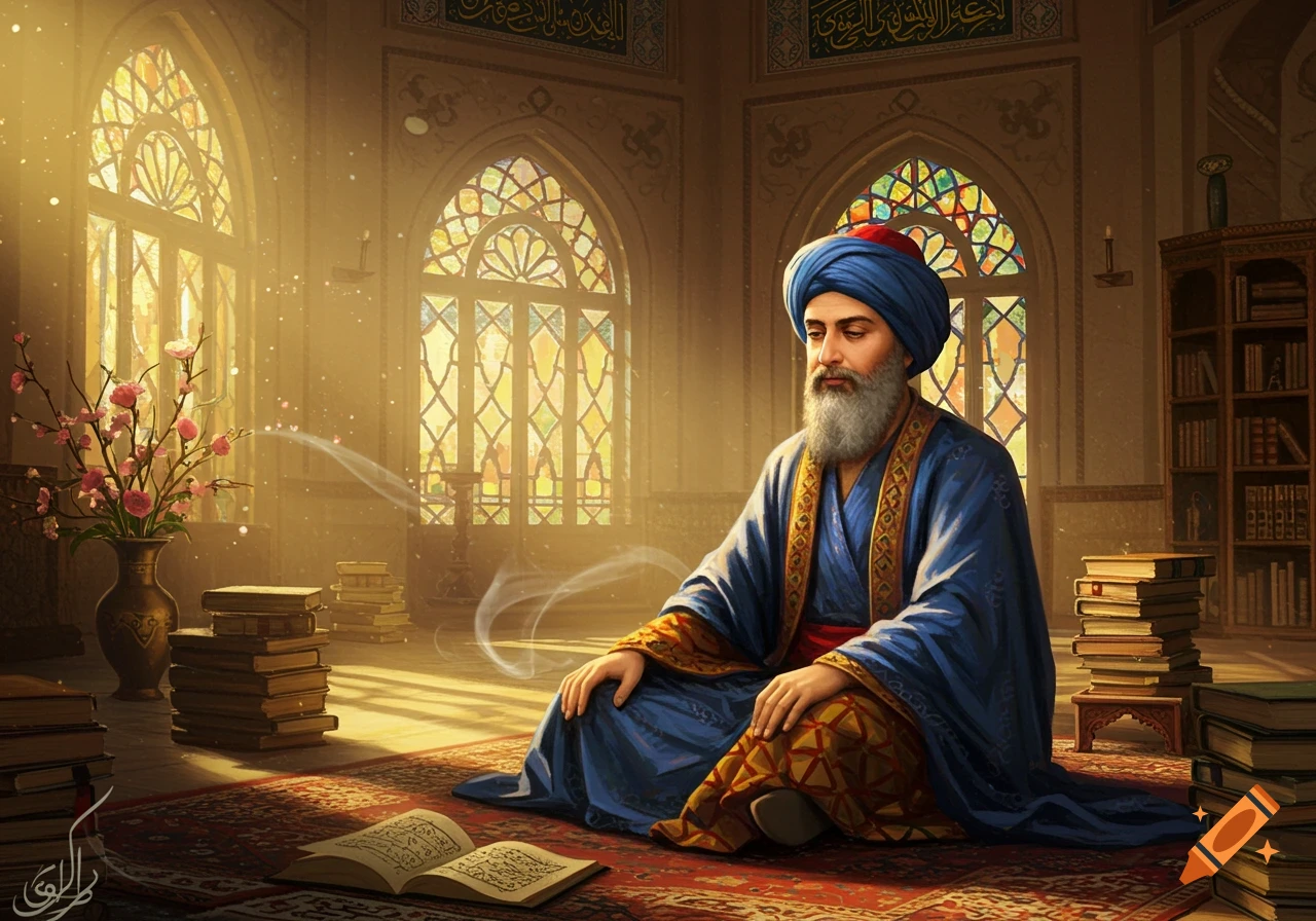 A man in a blue turban and robes sits on a rug, reading a book in a sunlit room with ornate windows and stacks of books.