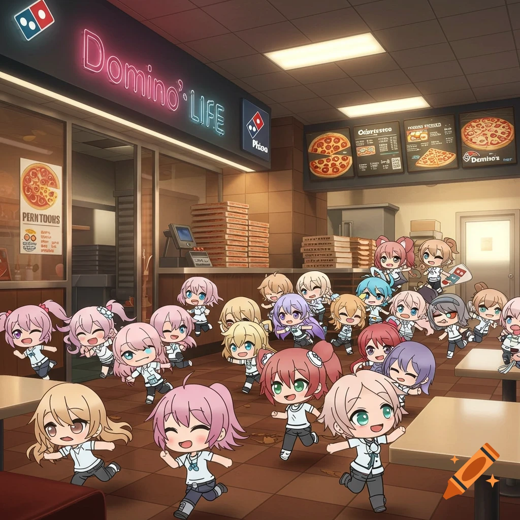 Many chibi anime characters, resembling Gacha Life figures, run excitedly into a Domino's pizza restaurant.