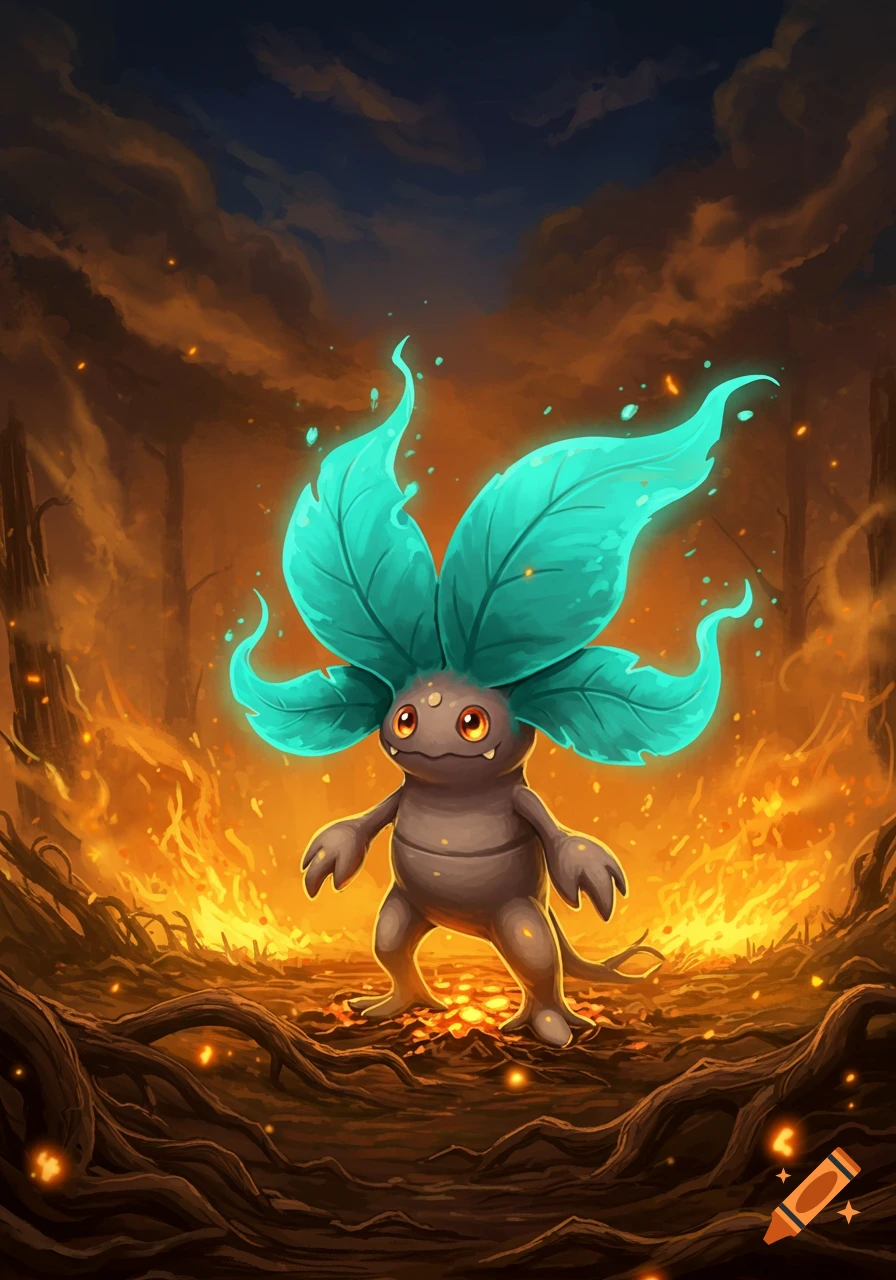A small fantasy creature resembling Oddish with glowing blue leaves on its head stands amidst a fiery forest.