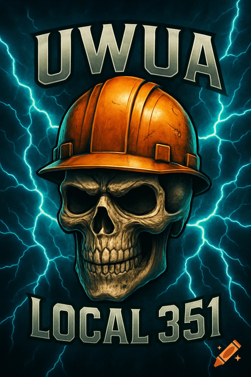 A stylized skull wearing an orange hardhat with bold text "UWUA" above and "LOCAL 351" below, against a background of electric blue lightning bolts.