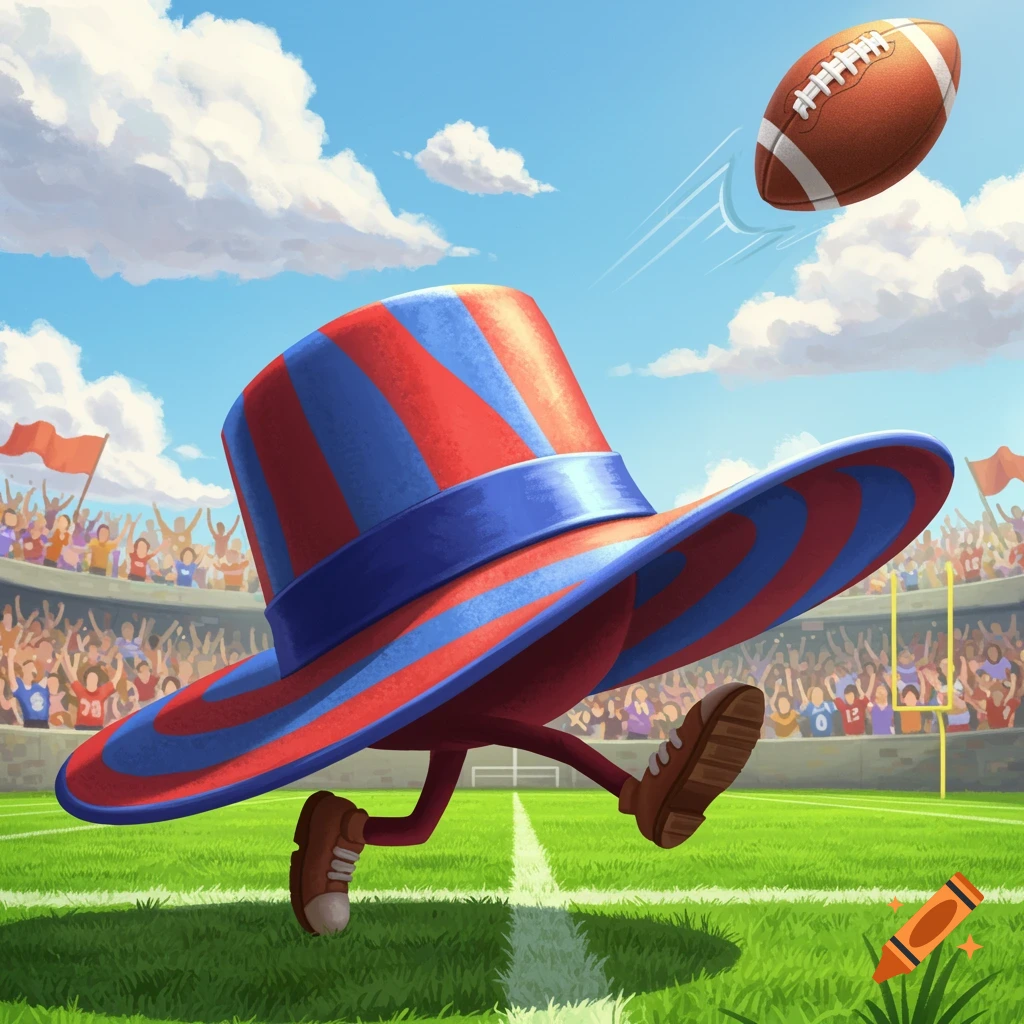 A cartoon red and blue striped hat with legs and shoes runs on a football field under a clear sky, with a football in the air and a stadium crowd.