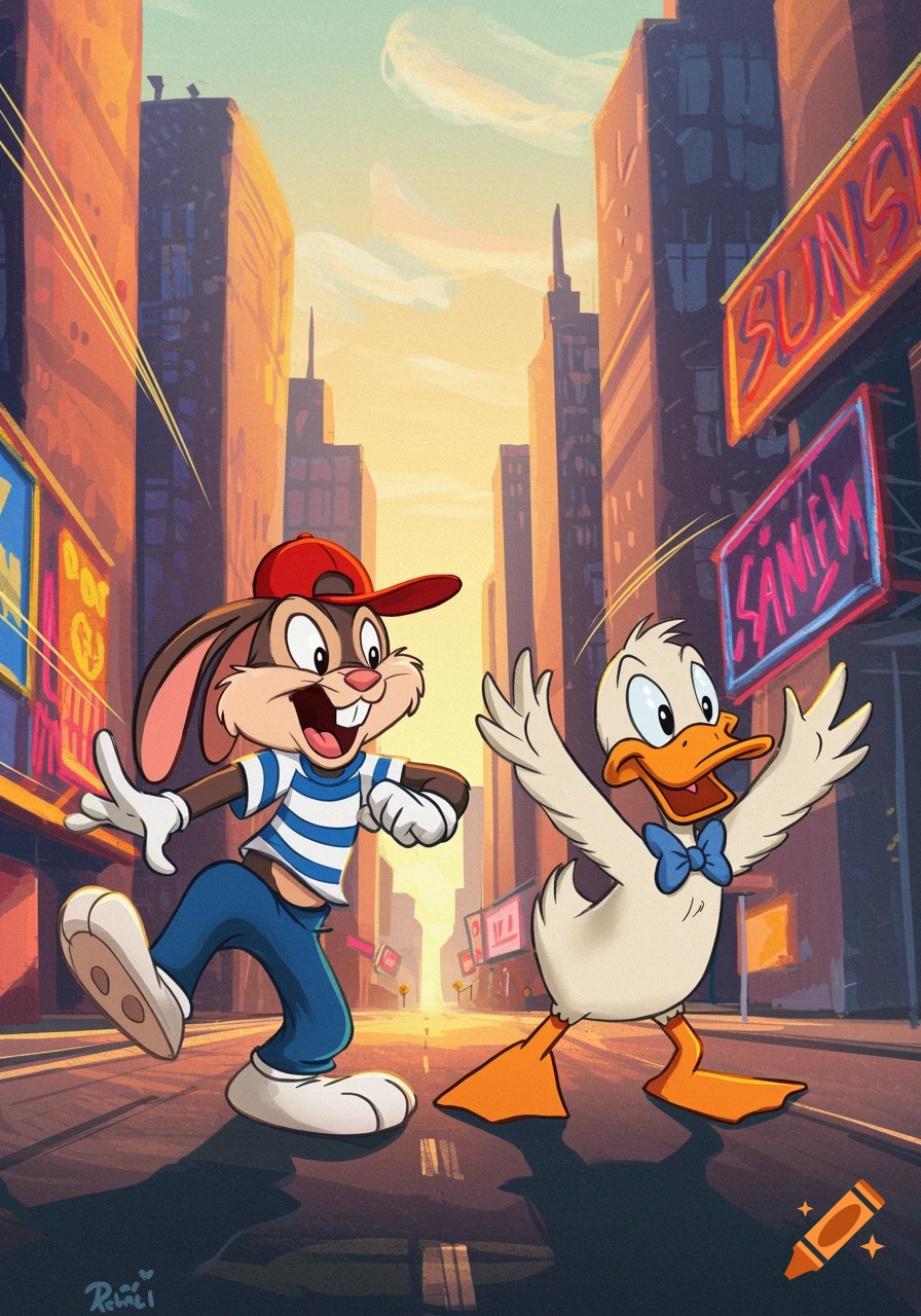 A cartoon rabbit and duck excitedly run down a city street lined with tall buildings and neon signs at sunset, in a 90s style.