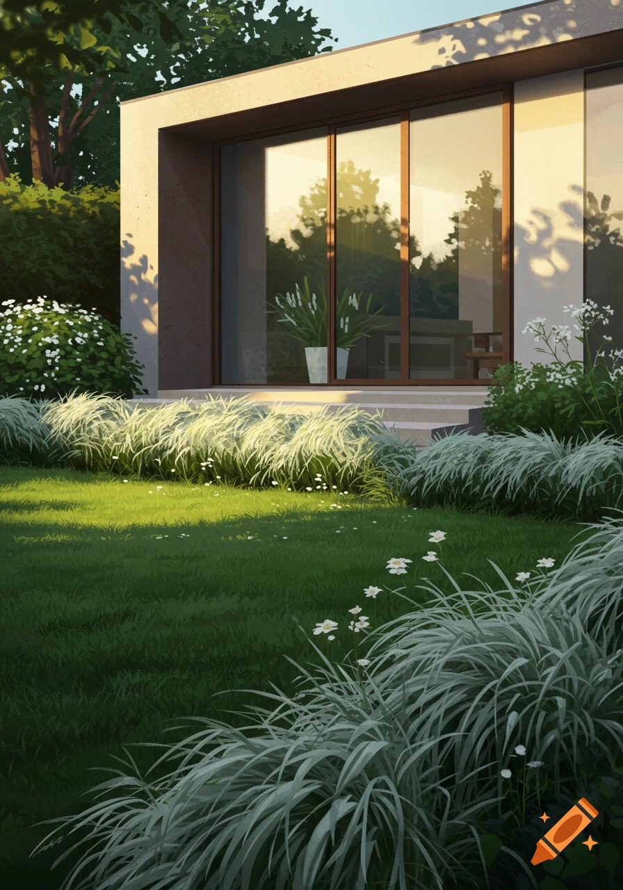 A modern house with large windows and a well-maintained garden featuring a green lawn, decorative grasses, and white flowers in sunlight.