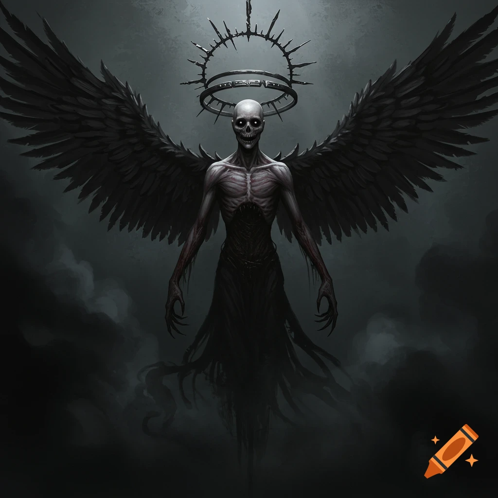 A monstrous skeletal figure with large black wings and a spiky halo floats in a dark, misty void.