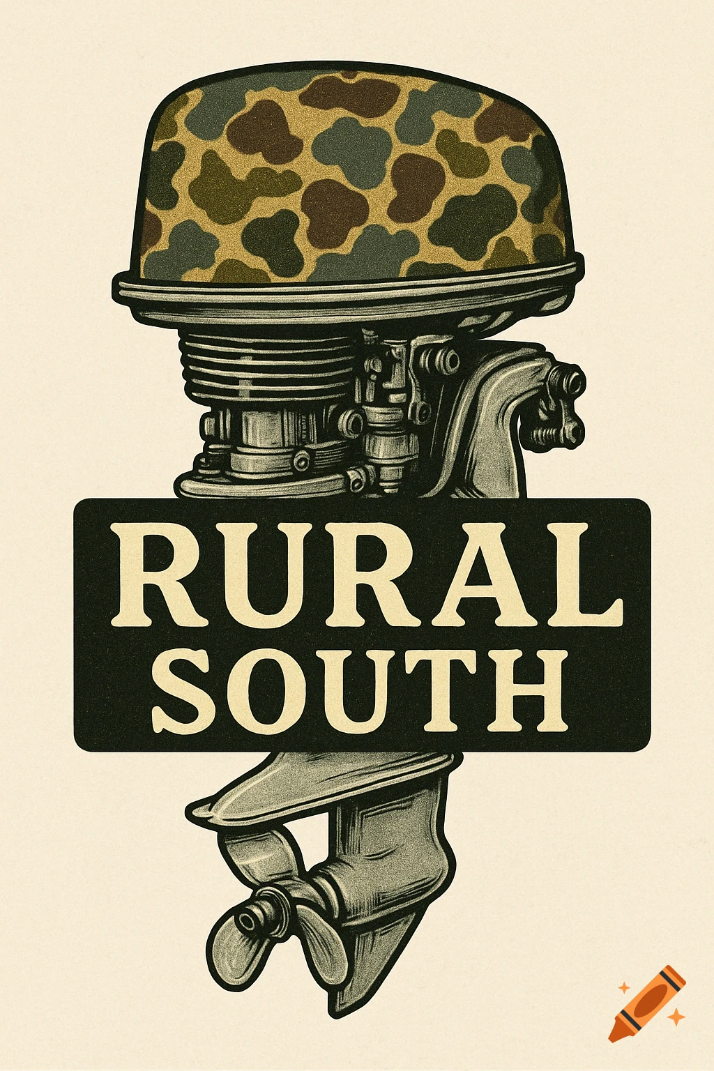 A vintage 2-stroke outboard motor illustration with a duck camouflage cowl and 'RURAL SOUTH' text on a black banner.