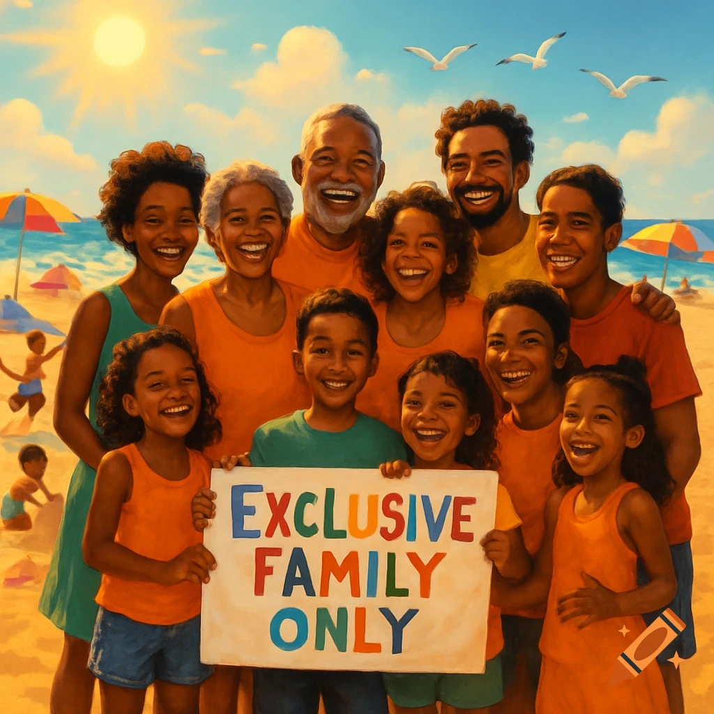 A large, smiling Black family, including children and elders, poses together on a sunny beach. Some children in the front hold a white sign that reads "EXCLUSIVE FAMILY ONLY" in colorful letters.