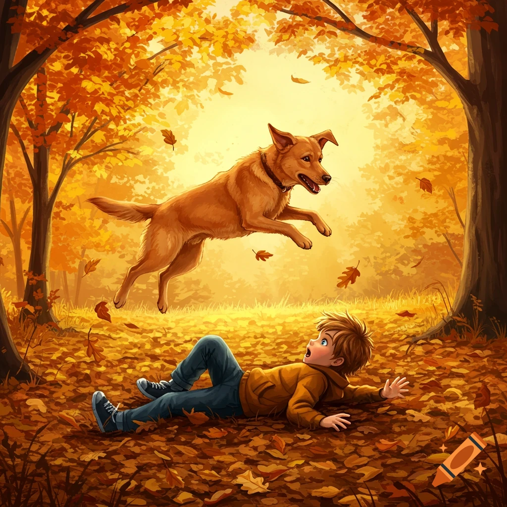 A brown dog leaps over a frightened boy lying on his back in a forest covered in vibrant orange and yellow autumn leaves. Illustrated style.