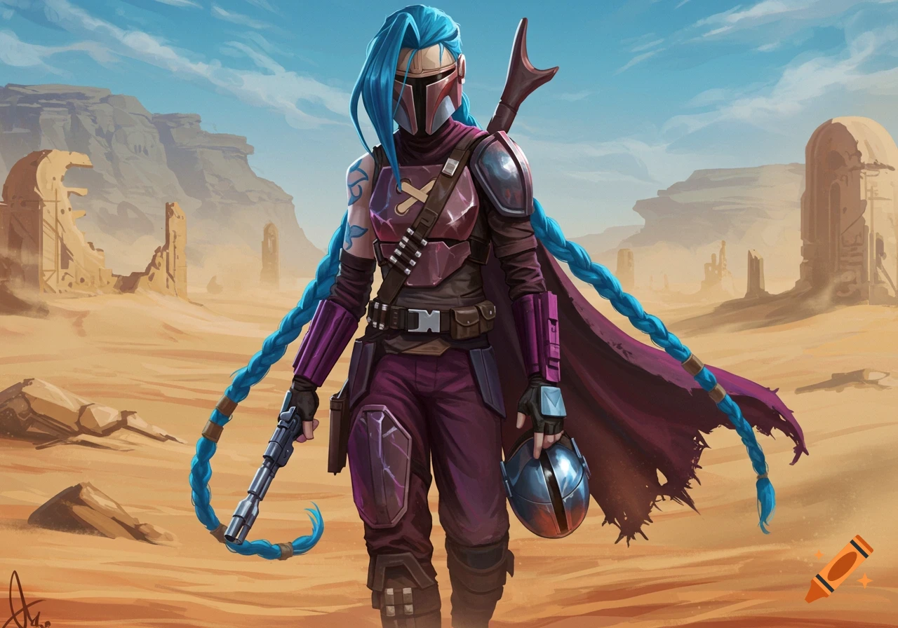 A blue-haired character in purple Mandalorian armor holds a blaster in a desert landscape with ruins.