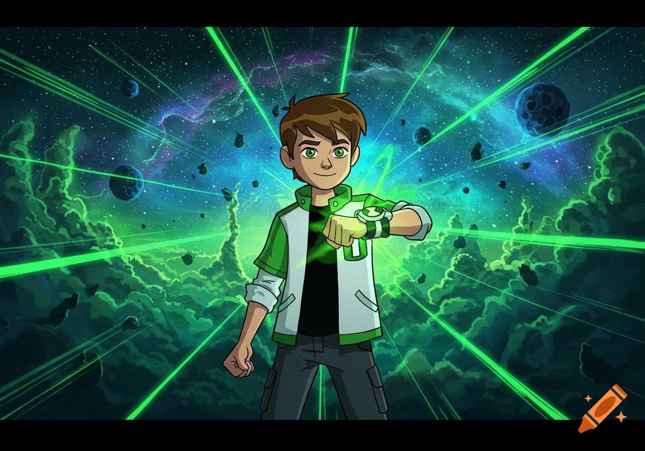 Cartoon boy Ben 10 with green eyes activating his glowing green Omnitrix watch, floating in space with planets and green energy.