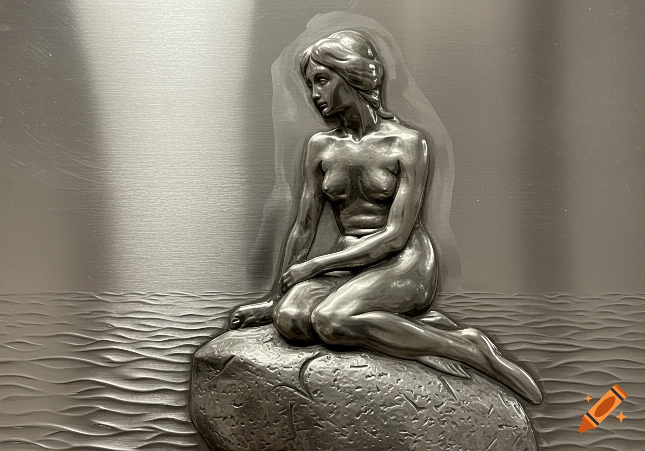 Embossed aluminum repousse art of the Little Mermaid statue sitting on a rock with waves.