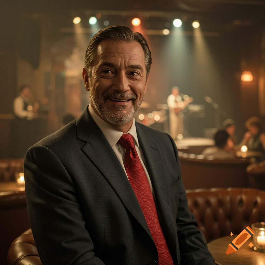 A smiling, grey-haired man in a grey suit and red tie sits in a dimly lit bar with a stage in the background.