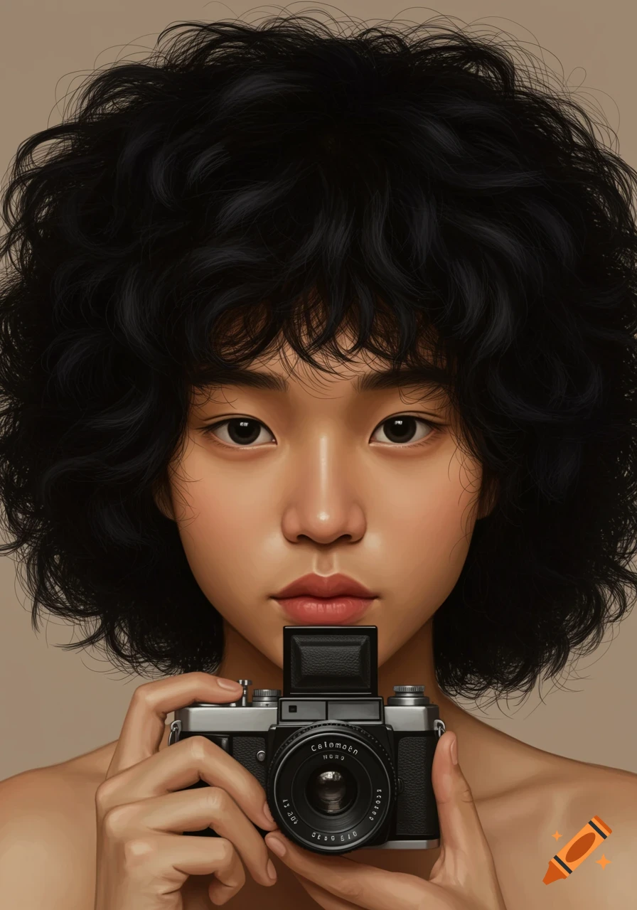 A photorealistic portrait of an Asian person with fluffy black hair, holding a vintage camera up to their chin.