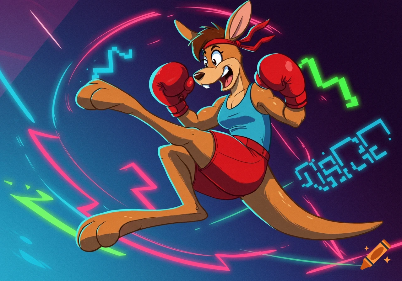 A cartoon kangaroo in boxing gloves and shorts is mid-kick, surrounded by neon lines and pixelated graphics on a dark background.