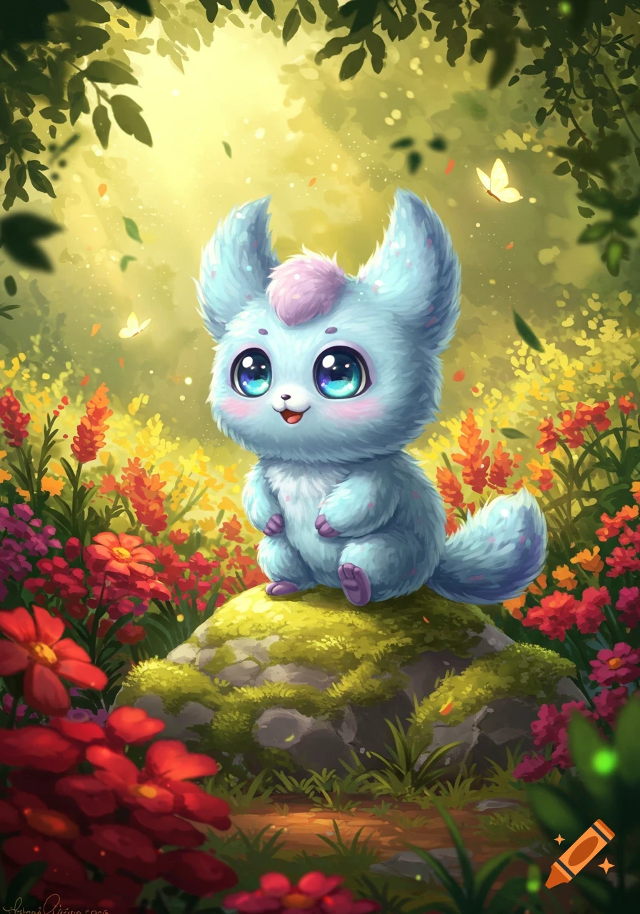 A cute, fluffy blue creature with big, sparkling eyes sits on a mossy rock in a vibrant, sunlit forest filled with colorful flowers.