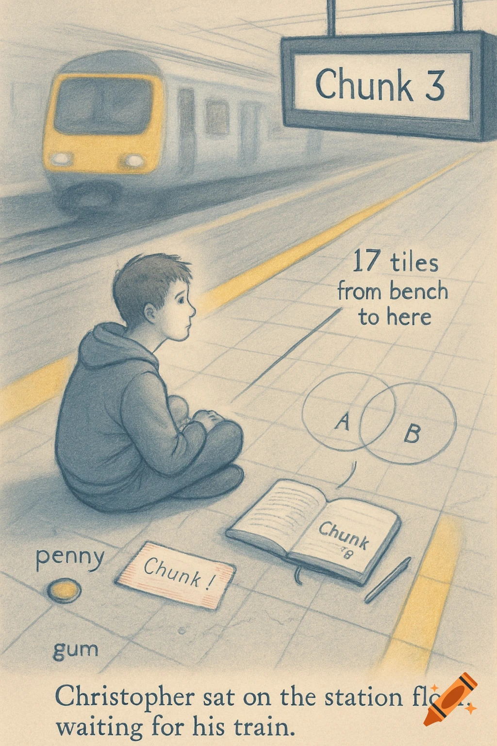 An illustration of a boy sitting cross-legged on a train station floor, next to a notebook, penny, and gum. A train arrives in the background.