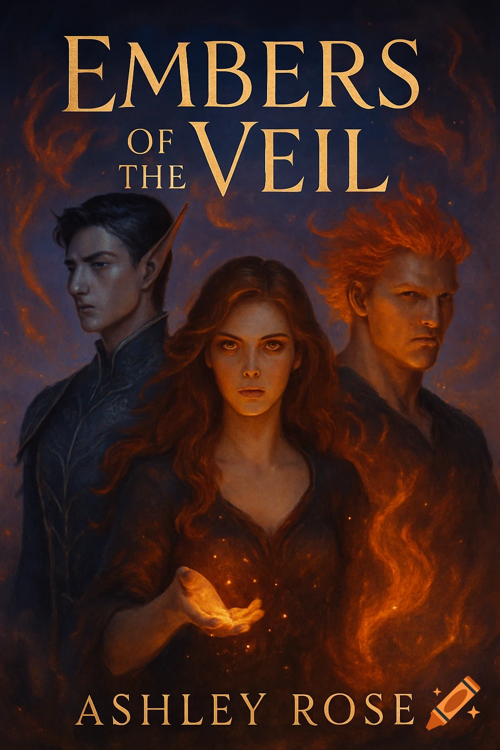 Fantasy book cover with three characters: a woman with glowing hands, a male elf, and a fiery-haired man. Title 'Embers of the Veil'.