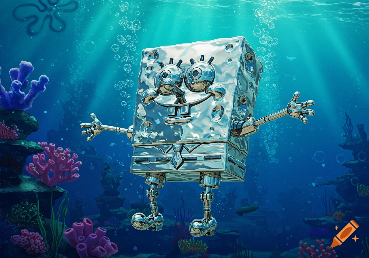 A shiny metallic chrome Spongebob robot floats underwater among colorful coral and bubbles with sun rays beaming down.