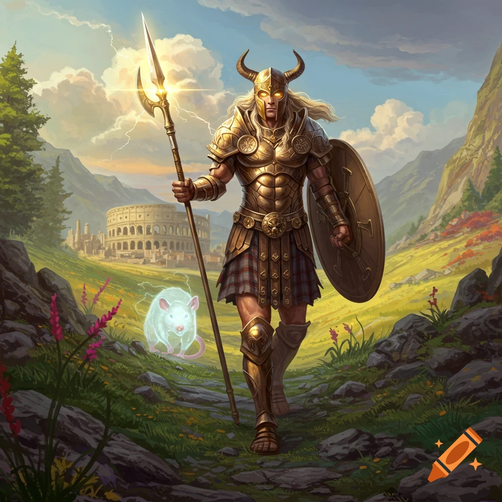 An armored fantasy knight with a spear and shield walks a rocky path, followed by a glowing rat spirit, with a colosseum in the distance.