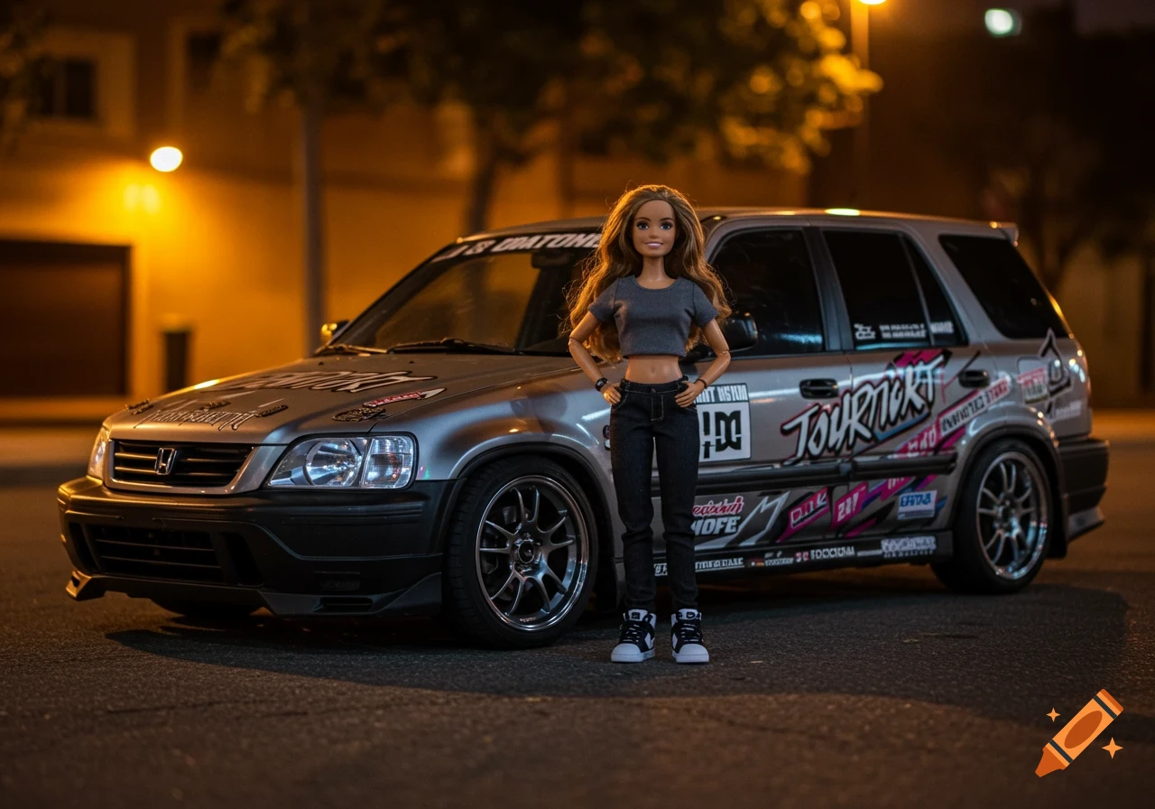 A Barbie doll wearing a crop top and jeans stands next to a silver, tuned Honda CRV on a street at night.