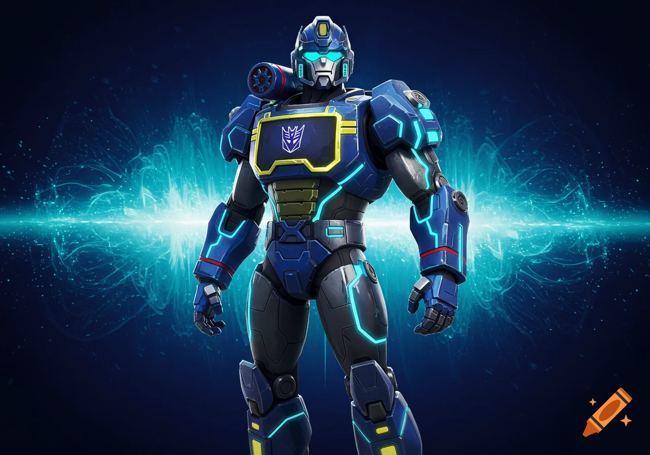 A blue and grey robot with glowing cyan lines and a Decepticon symbol on its chest stands against a dark blue background with electric light effects.
