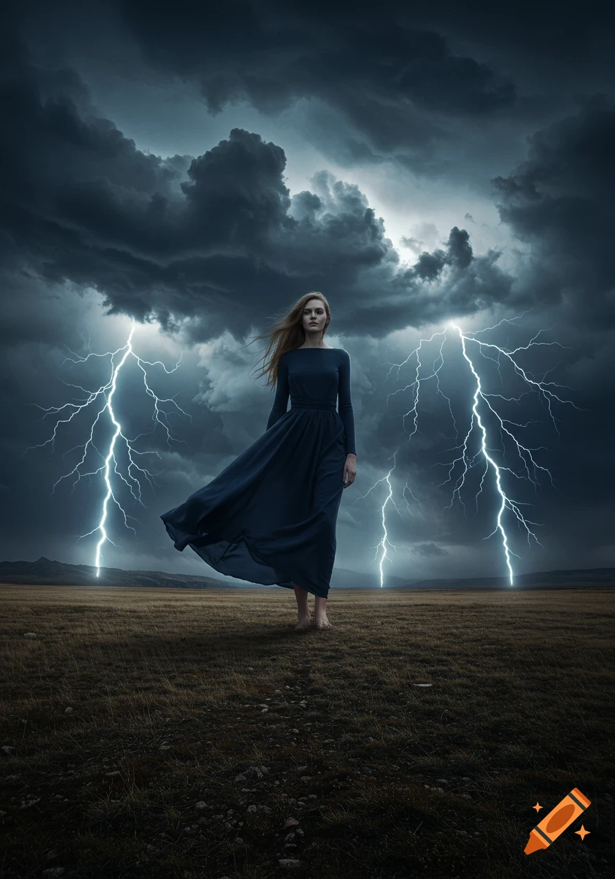 A woman in a dark dress stands barefoot in a field under a dramatic, lightning-filled stormy sky.