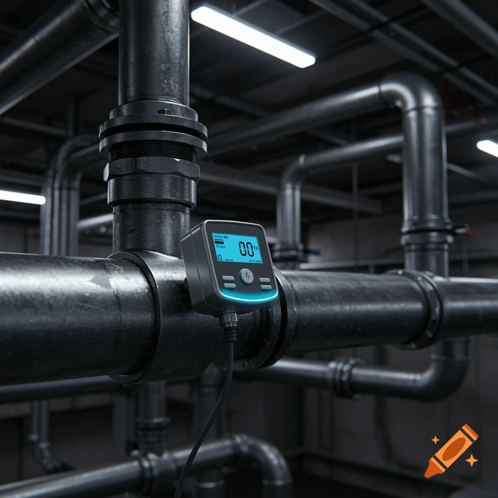 A photorealistic image of a digital sensor attached to a large metal pipe in an industrial setting.