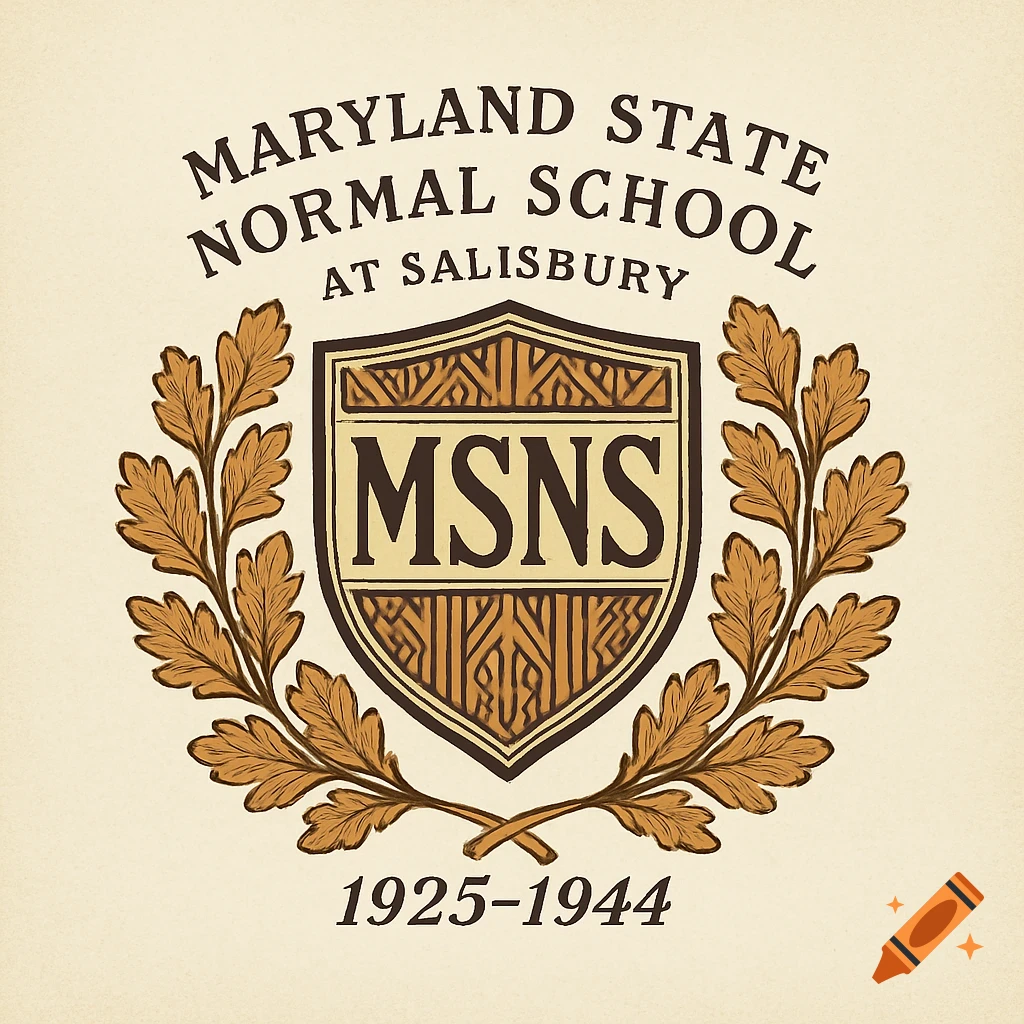 Vintage-style logo for Maryland State Normal School at Salisbury, featuring a shield with 'MSNS' and a wreath, dated 1925-1944.