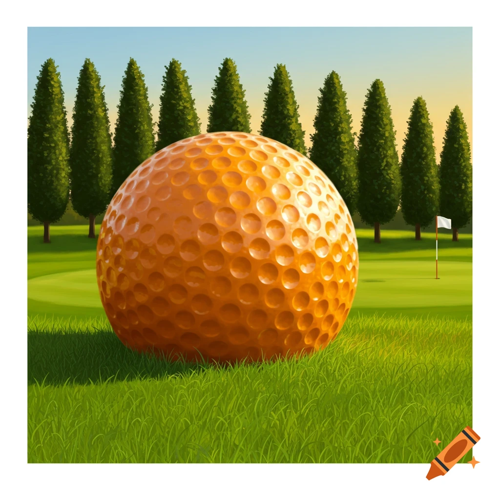 Giant orange golf ball on a lush green golf course with a line of tall evergreen trees and a flag in the distance.