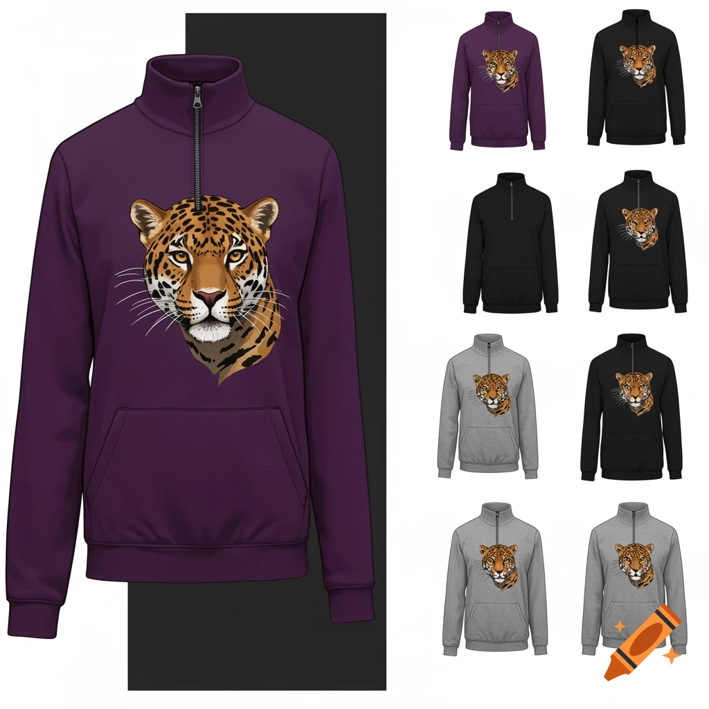 Catalog view of purple, black, and grey quarter-zip jumpers with a detailed jaguar head design on the front.