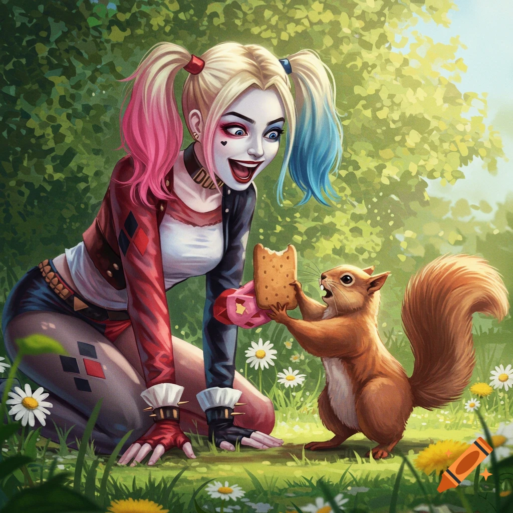 Harley Quinn, with pink and blue pigtails, kneels in a grassy field with white and yellow flowers, playfully interacting with a squirrel holding a cracker.