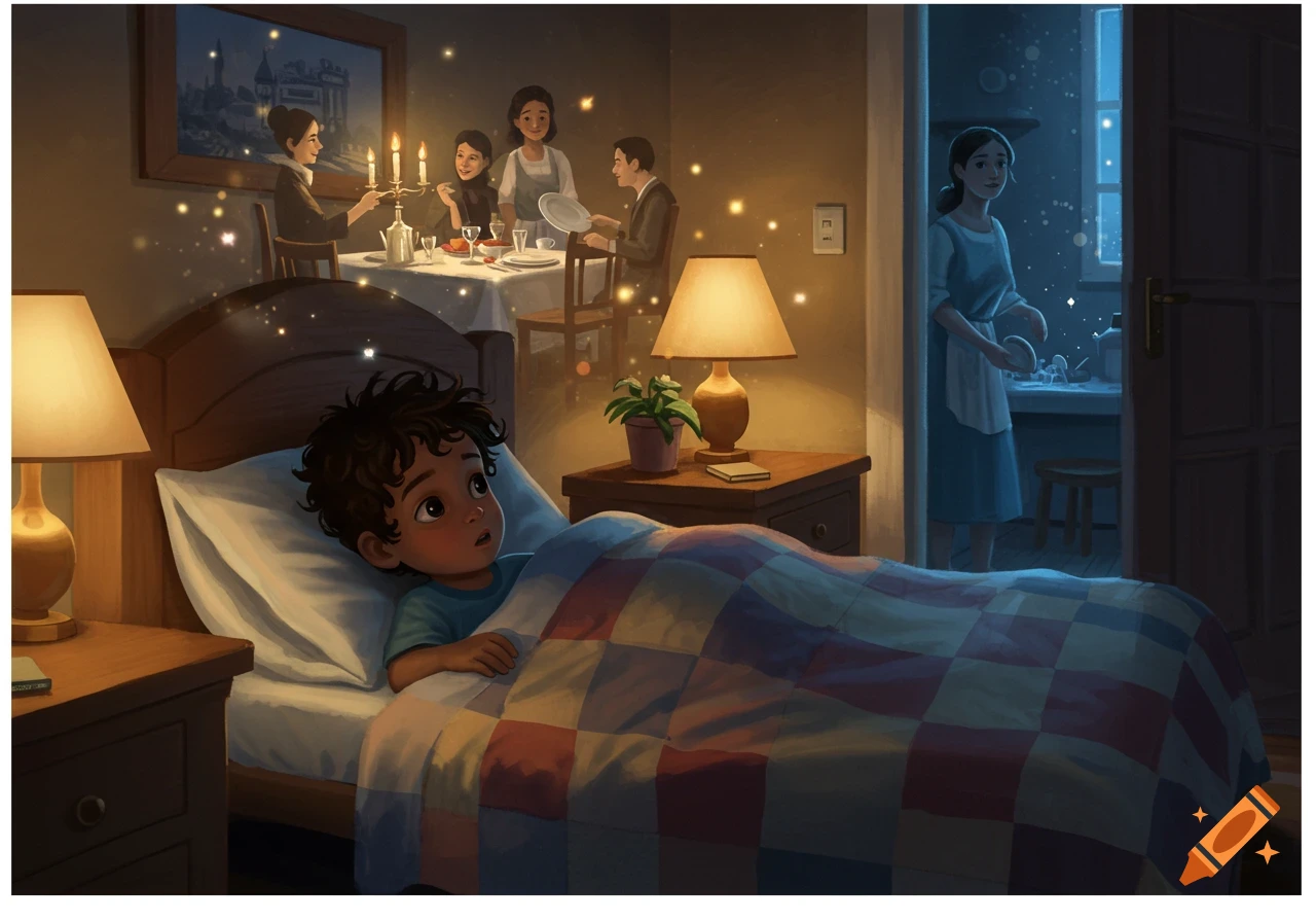 A young boy in bed looks at an imagined dinner party with sparkling lights while a woman washes dishes in the doorway, in an illustrative style.