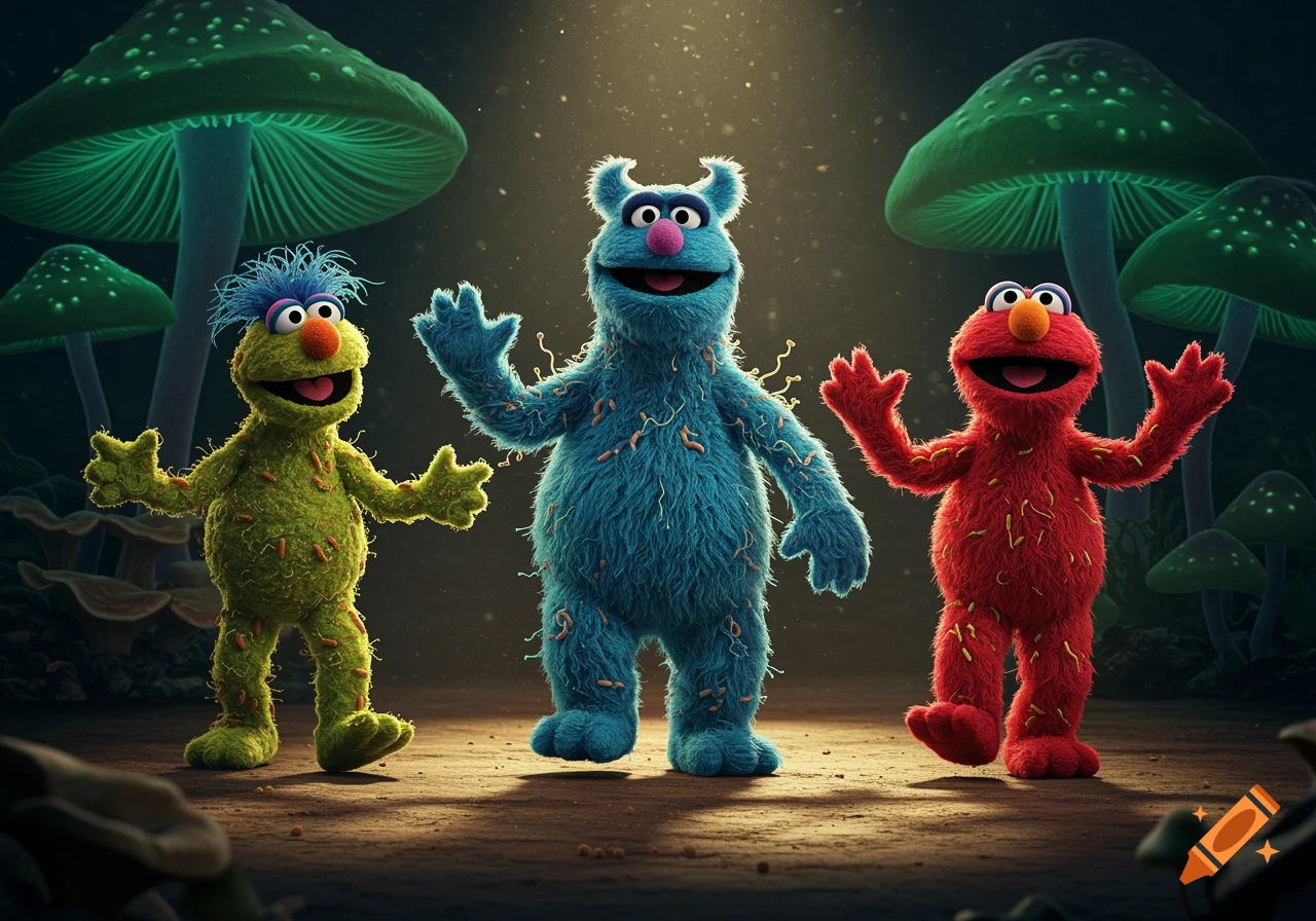 Three fuzzy green, blue, and red monster characters with small growths stand in a glowing mushroom forest.