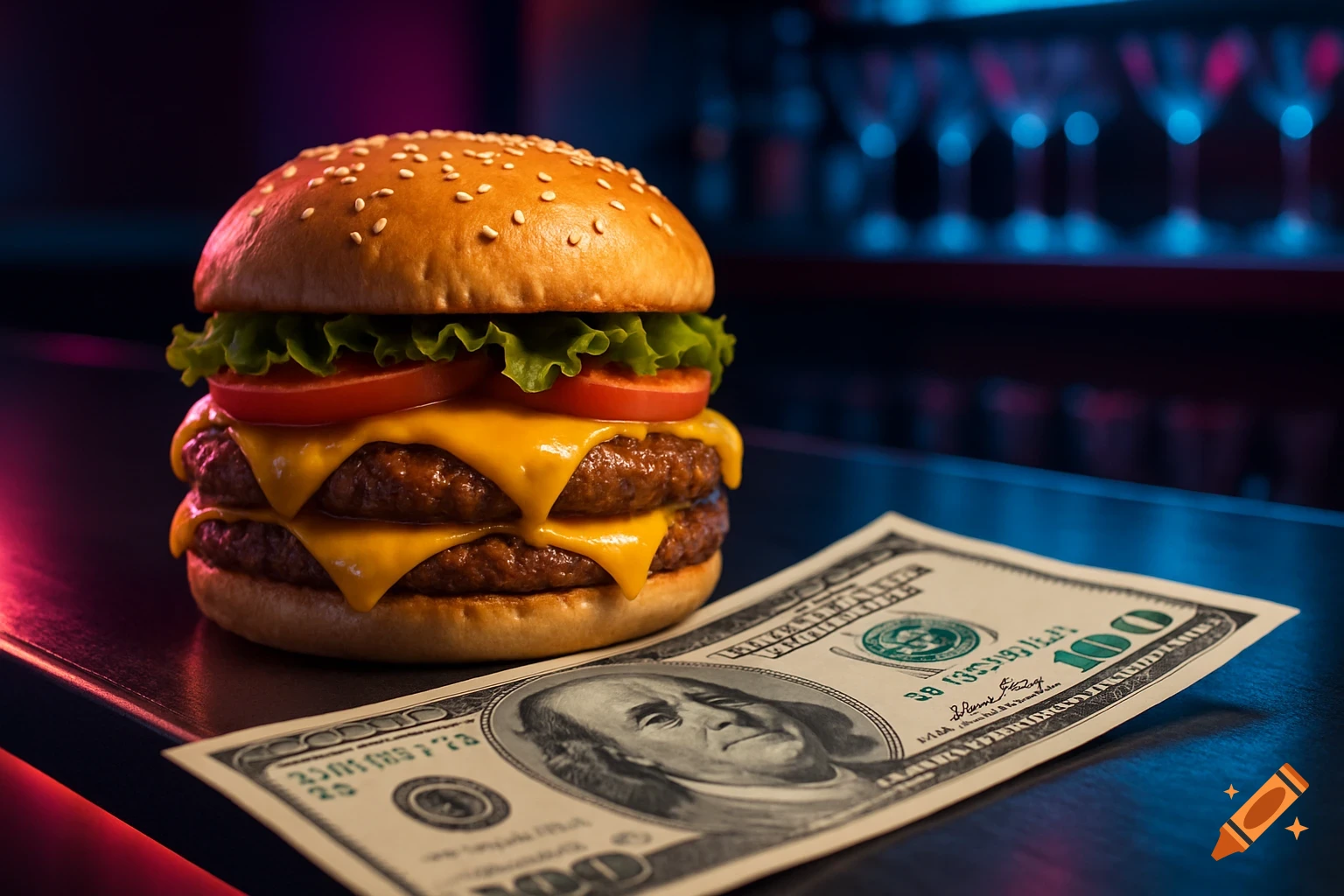 A double cheeseburger with lettuce, tomato, and melted cheese next to a hundred-dollar bill on a dark bar counter with neon lighting.