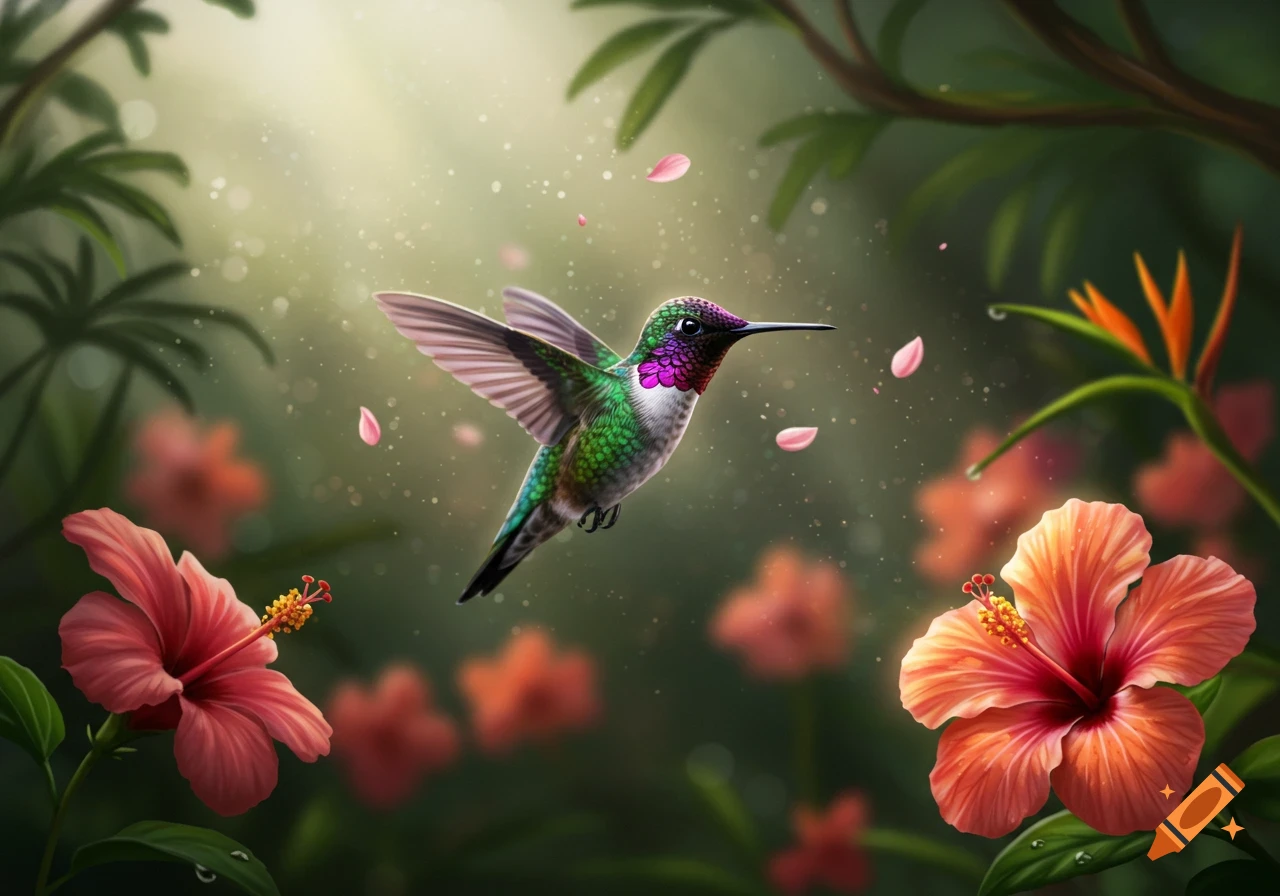 A vibrant hummingbird with green and purple plumage hovers among bright flowers and green foliage in a sunlit jungle.